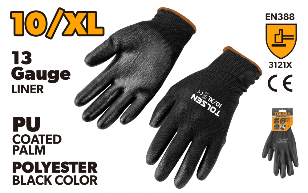 Manusi protectie - Manusi lucru marimea 10/XL, poliester negru, palma PU, captu