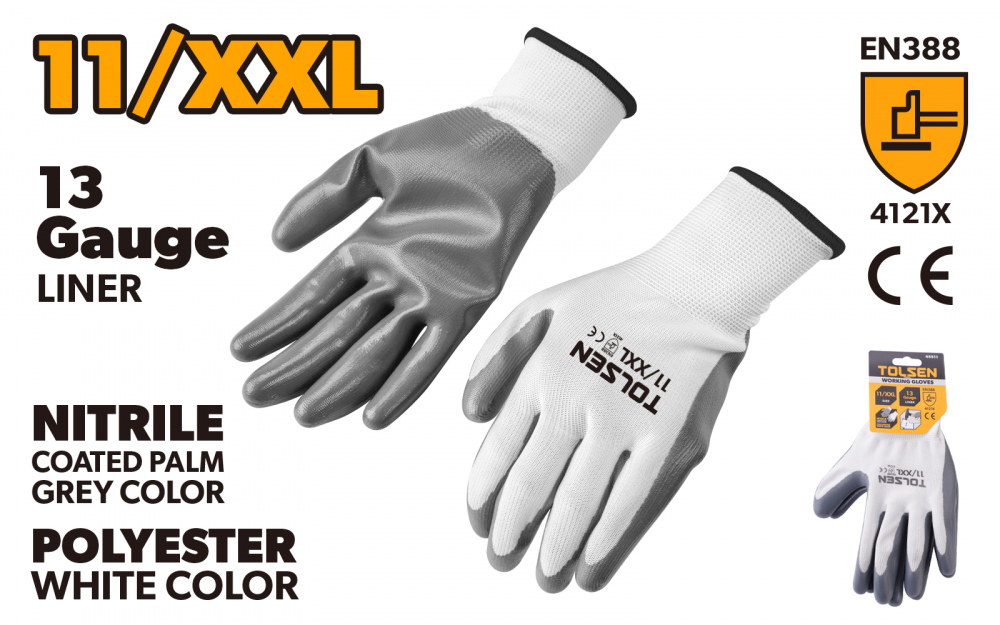Manusi protectie - Manusi lucru marimea 11/XXL, poliester alb, palma nitril gri