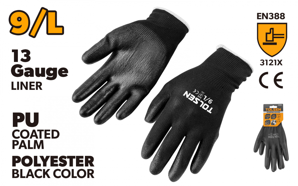 Manusi protectie - Manusi lucru marimea 9/L, poliester negru, palma PU, captusi