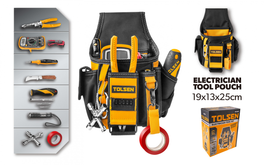 Scule si unelte - Set electrician 9 piese TOLSEN cu centura scule, multimetru,